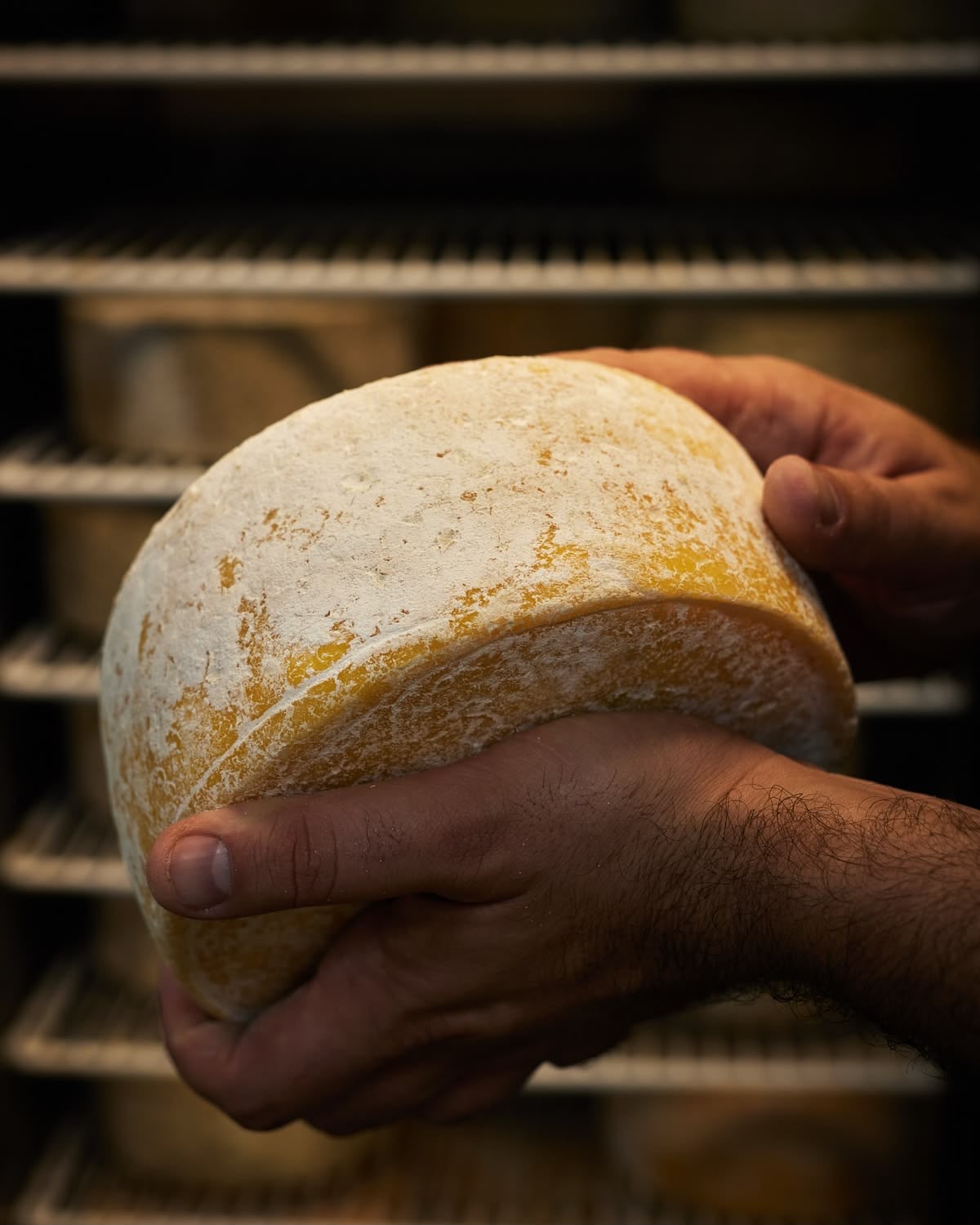 Queso artesanal sostenido con cuidado en la cava